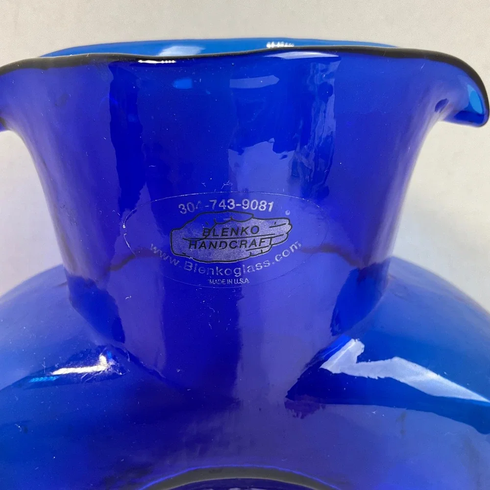 Blenko Cobalt Blue Glass Water Carafe Pitcher 384 Pinched Spout Made in USA